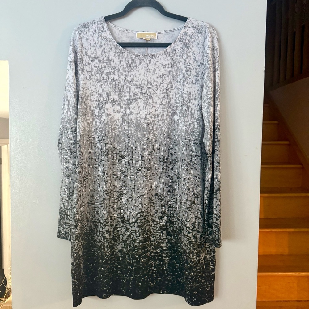 Michael Kors Silver to Black Ombr Long Sleeve Shift Dress